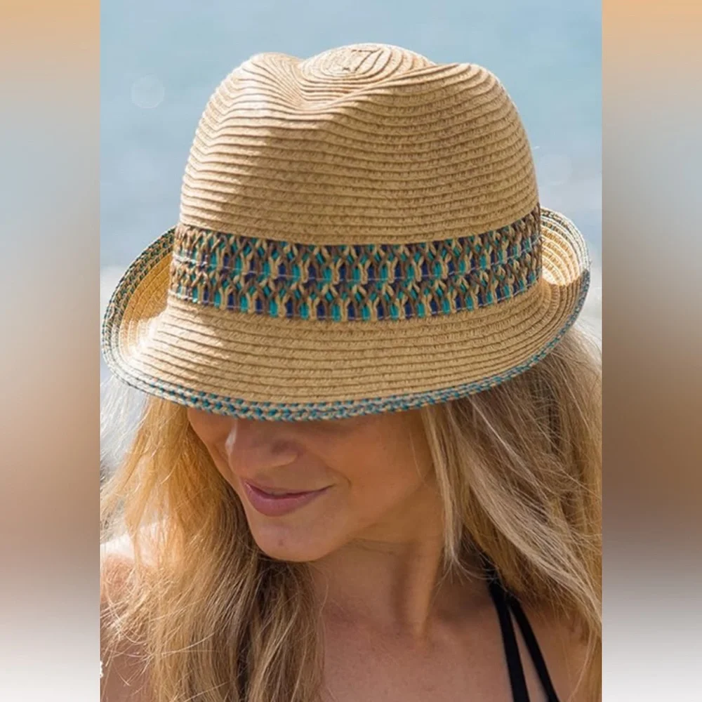 NWOT C.C Straw Fedora Hat Multicolor Woven Band One Size